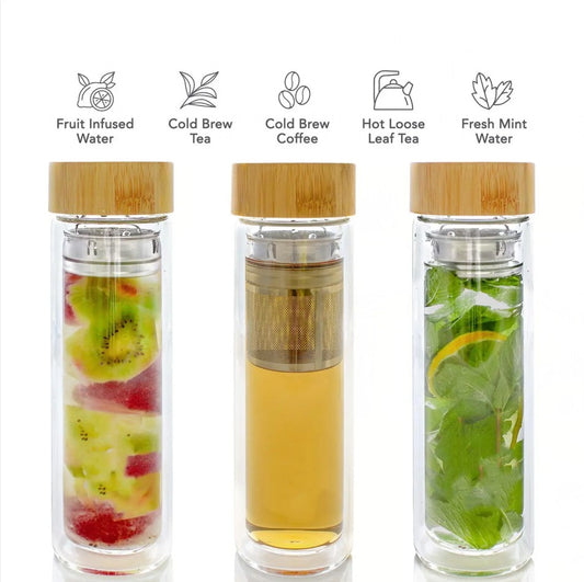 Double-Wall Glass Tea Bottle with Infuser - 400ml/500ml, Bamboo Lid